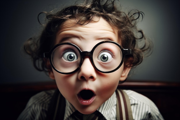Un garçon surpris avec des lunettes fait une étrange expression de satisfaction de grands yeux et une bouche ouverte