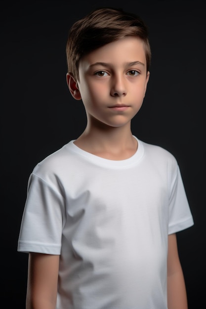 Un garçon en t-shirt blanc se dresse sur un fond noir.