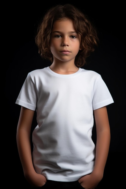 Un garçon en t-shirt blanc se tient devant un fond noir.