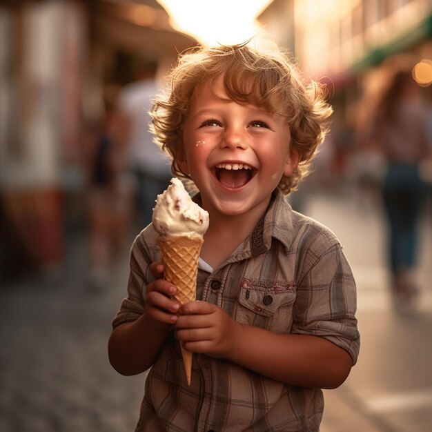 Un garçon de taille moyenne tenant une délicieuse crème glacée.