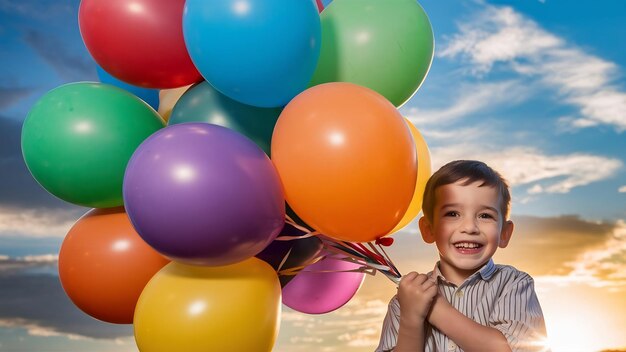 Un garçon tenant des ballons colorés avec le ciel en arrière-plan