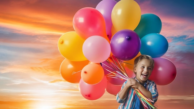 Photo un garçon tenant des ballons colorés avec le ciel en arrière-plan