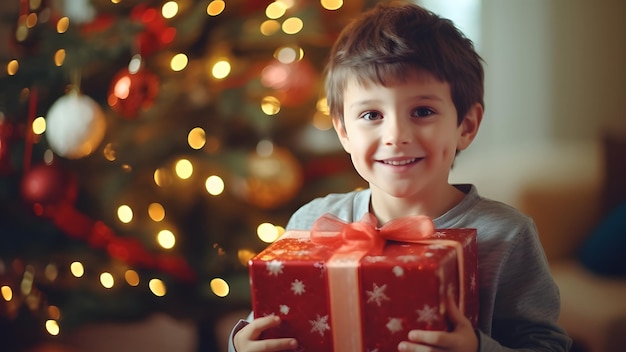 un garçon tenant un cadeau avec un arbre de Noël en arrière-plan
