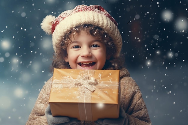 Un garçon tenant un cadeau dehors en hiver