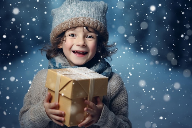 Un garçon tenant un cadeau dehors en hiver