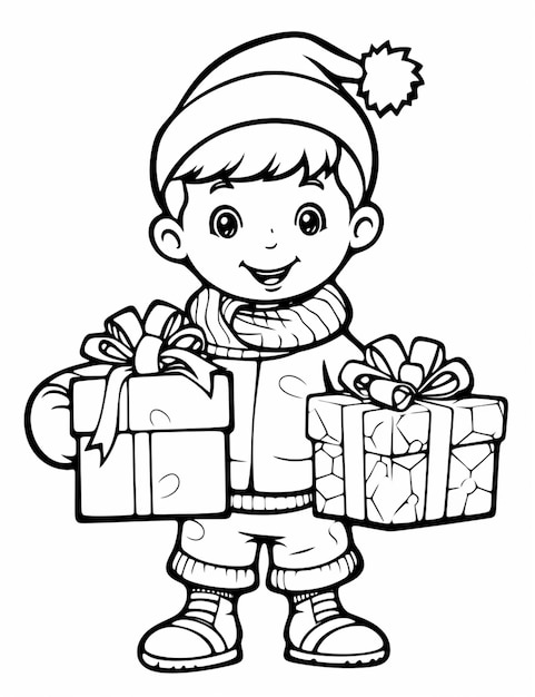 un garçon tenant des cadeaux coloriage ai génératif