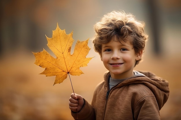 Un garçon tenant une feuille d'érable d'automne dans un parc