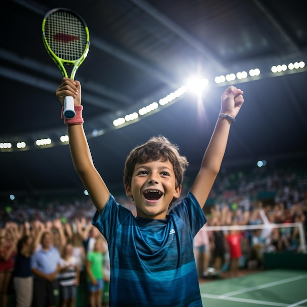 un garçon tenant une raquette de tennis avec le mot « heureux » dessus.