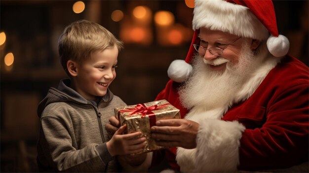 Un garçon tient une boîte avec un père noël qui la tient.