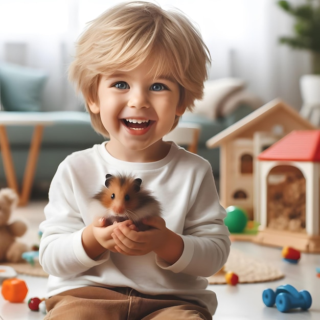 le garçon tient un cochon d'Inde ou un hamster dans ses mains hamster dans les mains