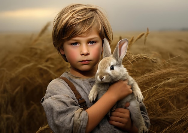 Un garçon tient un lapin dans ses mains