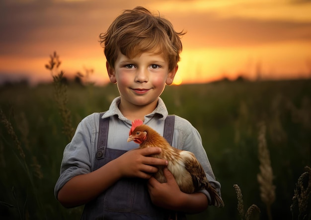 Un garçon tient un poulet dans ses mains