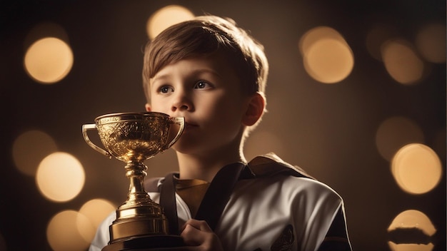 un garçon tient un trophée avec les mots de l'année dessus