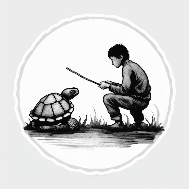 Un garçon tirant un bâton d'une tortue une illustration graphique de réalisme illusoire