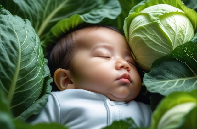 garçon tout-petit asiatique en chou bébé nouveau-né dormant au jardin sur le sol entouré de légumes