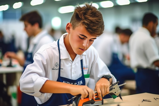 Photo un garçon travaillant sur un morceau de bois avec les mots aira sur le devant