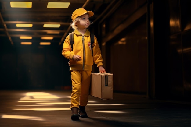 Un garçon en uniforme de courrier avec un colis dans les mains dans un entrepôt