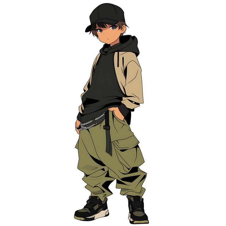 Photo un garçon urbain de 7 ans dans un sweat à capuche, un pantalon de fret et des hauts-de-chef, un personnage de chibi à la mode créative.