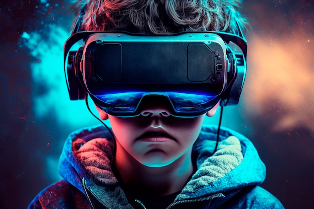 Garçon utilisant des lunettes de réalité virtuelle pour jouer au jeu vidéo Metaverse VR néon générative ai