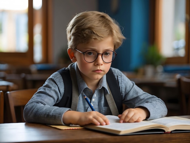 Le garçon va à l'école et s'assoit sur la table à étudier attentivement