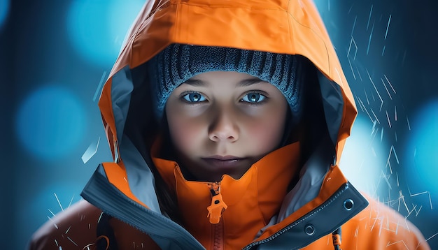 Un garçon en veste orange sur un fond uniforme