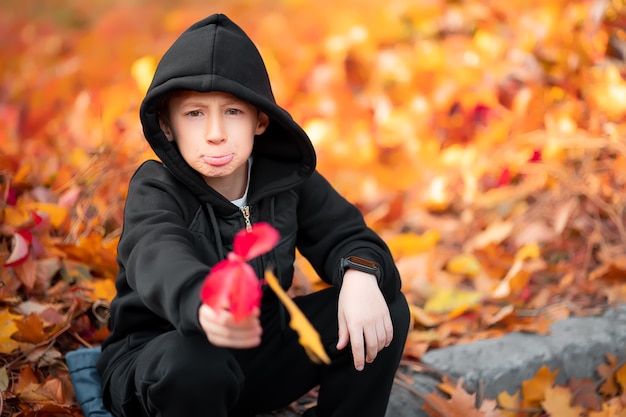 Un garçon vêtu d'un pull noir avec une capuche étend une feuille d'automne dans l'appareil photo