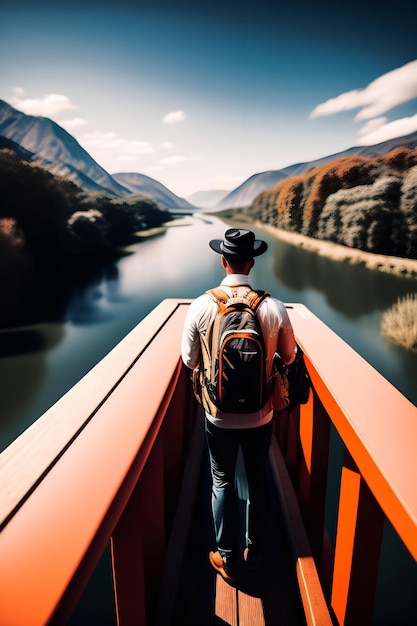 Garçon voyageant en bateau entre les collines sur l'illustration du magnifique lac