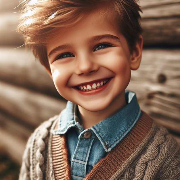 un garçon avec des yeux bleus et un pull qui dit heureux
