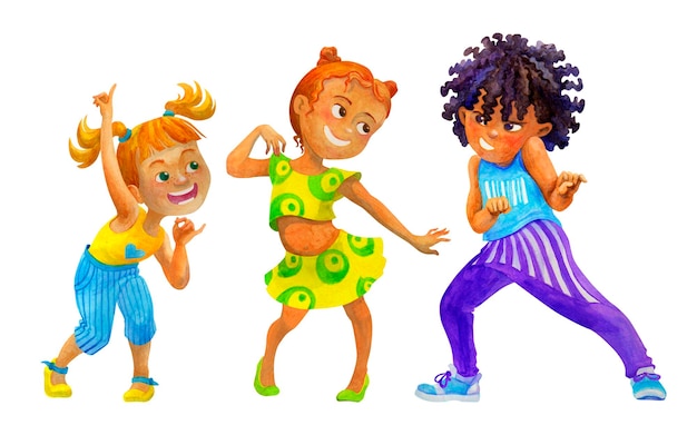 Photo des garçons et des filles multiculturels heureux dansant dans une fête pour enfants célébrant le concept