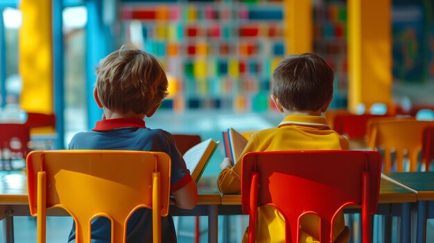 des garçons lisant des livres assis à des bureaux dans le centre pour enfants