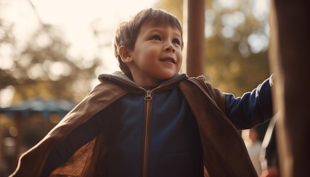 Garçons mignons jouant dans l'aventure de la forêt d'automne générée par l'IA