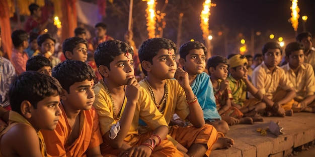 Des garçons regardent la célébration de Dusshera