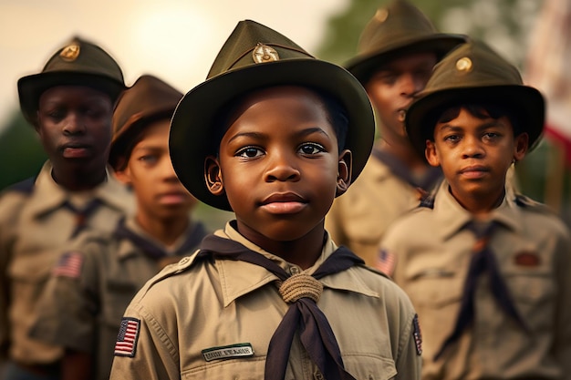 Des garçons scouts afro-américains en uniforme.