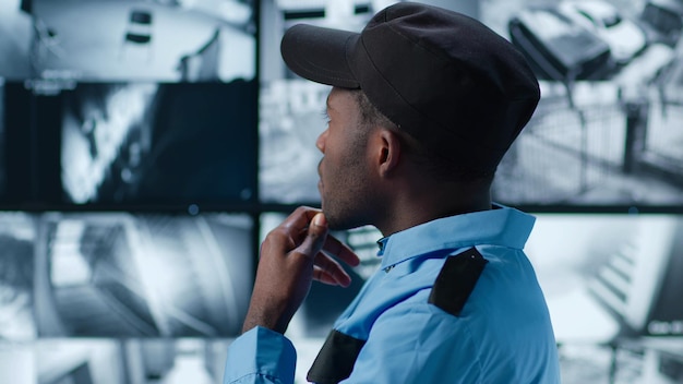 Photo garde afro-américain pensif regardant plusieurs écrans montrant des images de caméras de surveillance