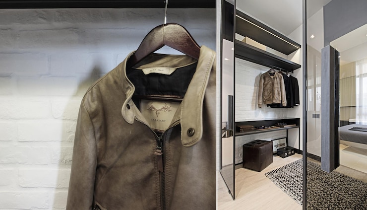 Photo garde-robe moderne avec une veste en cuir