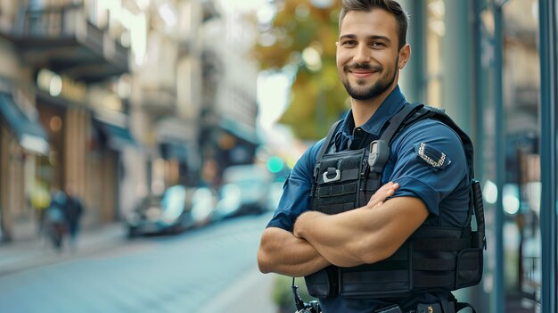 Photo un garde de sécurité confiant se tient dans une rue de la ville un fond urbain de style décontracté un service professionnel et fiable offert avec un sourire