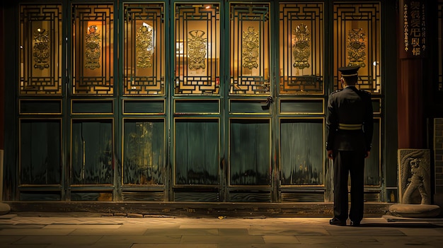 Photo un garde de sécurité fait la garde devant une maison traditionnelle chinoise. la porte est en bois foncé et a des sculptures complexes.