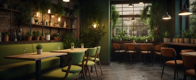 Garden Grind Une évasion verte dans la jungle urbaine Un intérieur de café réaliste avec des accents floraux