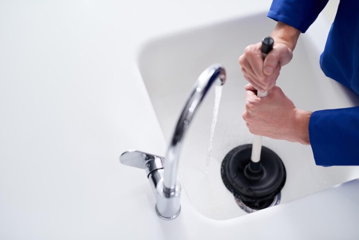 Photo garder les drains propres photo recadrée d'un plombier débloquant un drain avec un piston