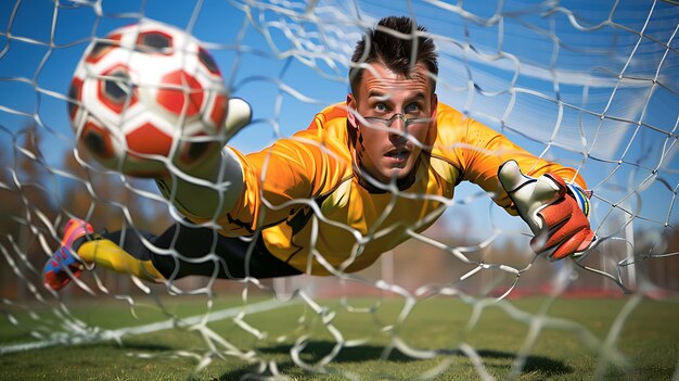 Photo le gardien de but en action il plonge pour sauver le ballon d'aller dans le filet il porte un maillot jaune et un short noir le filet est blanc