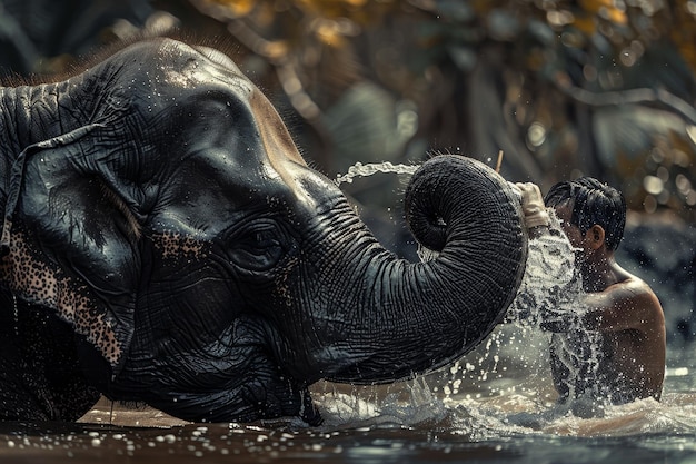 Un gardien d'éléphant nourrit un éléphant avec un seau