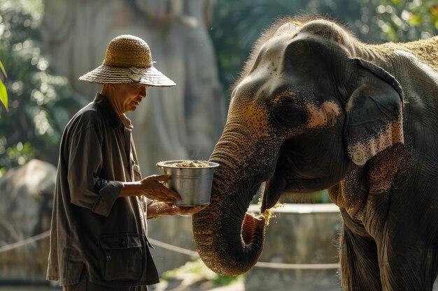 Un gardien d'éléphant nourrit un éléphant avec un seau