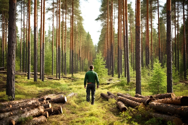 Gardien forestier dans la forêt près des arbres abattus en été