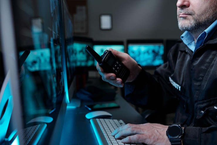 Photo un gardien mature avec un walkietalkie à la main