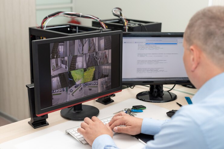 gardien de sécurité surveillant les caméras de vidéosurveillance dans la salle de sécurité Contrôle de surveillance