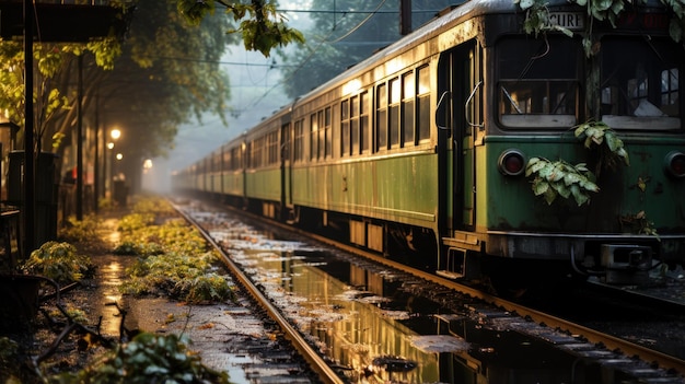 Une gare abandonnée couverte de lierre.