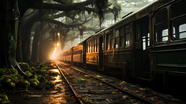 Une gare abandonnée couverte de lierre.