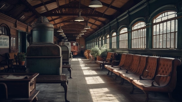 Une gare avec un banc en bois et une grande fenêtre qui dit 'le train'