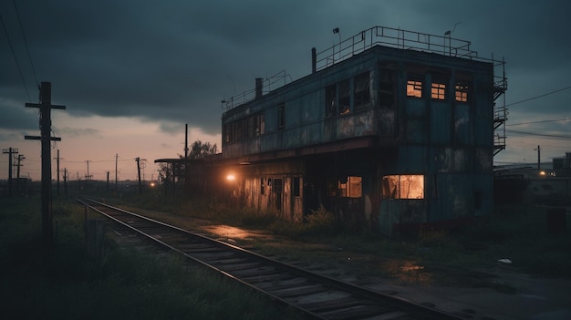 Une gare avec un ciel sombre et un bâtiment avec une lumière au sommet.