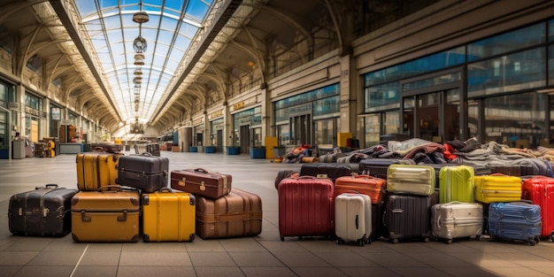 Photo la gare s'occupe d'une pile de valises de voyageurs.